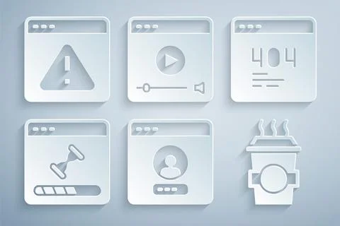 Set Create account screen, Page with 404 error, Loading data window, Coffee cup Stock Illustration