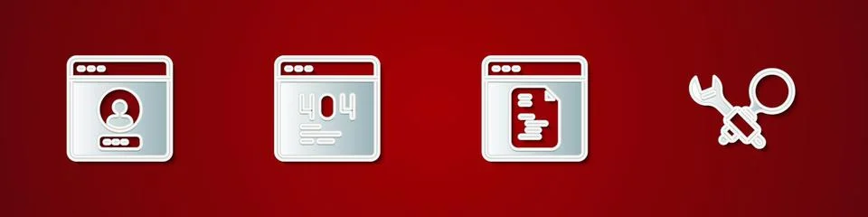 Set Create account screen, Page with 404 error, Software and Debugging icon Stock Illustration