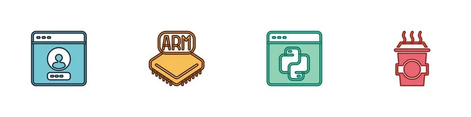 Set Create account screen, Processor, Python programming language and Coffee cup Stock Illustration