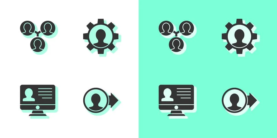 Set Create account screen, Project team base, Monitor with resume and Human gear Stock Illustration