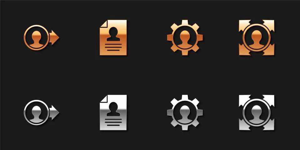 Set Create account screen, Resume, Human with gear and Head hunting icon. Vector Illustrazione stock