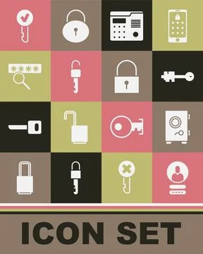 Set Create account screen, Safe, Old key, House intercom system, Unlocked, Pa Stock Illustration