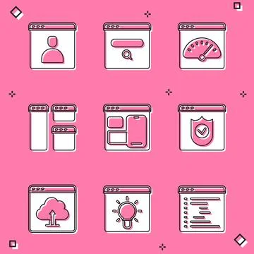 Set Create account screen, Search engine, Digital speed meter, Browser window Stock Illustration