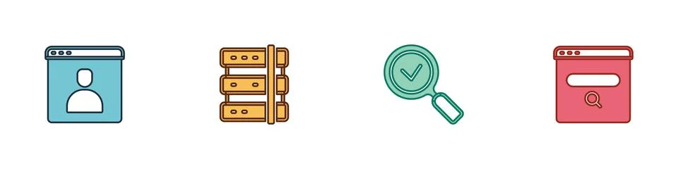 Set Create account screen, Server, Magnifying glass with check mark and Search Stock Illustration