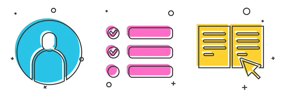 Set Create account screen, Task list and Online book icon. Vector Illustrazione stock