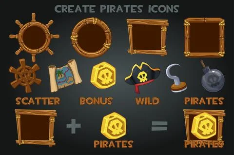 Set to create pirated icons and wooden frames for Slots Games. Pirate symbols Stock Illustration