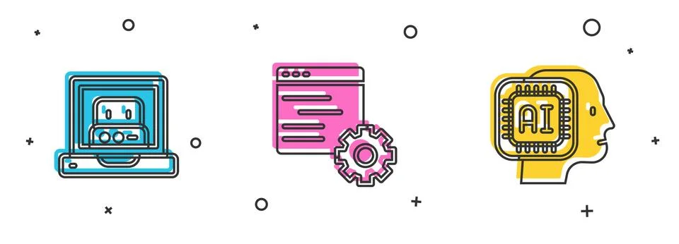 Set Creating robot, Computer api interface and Humanoid icon. Vector Illustrazione stock