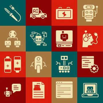 Set Creating robot, Computer api interface, Robot charging battery, Battery Illustrazione stock