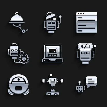 Set Creating robot, Disassembled, Bot, Robot low battery charge, vacuum cleaner Stock Illustration
