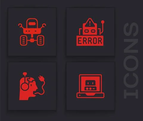 Set Creating robot, Mars rover, Error and Robot charging battery icon. Vector Stock Illustration