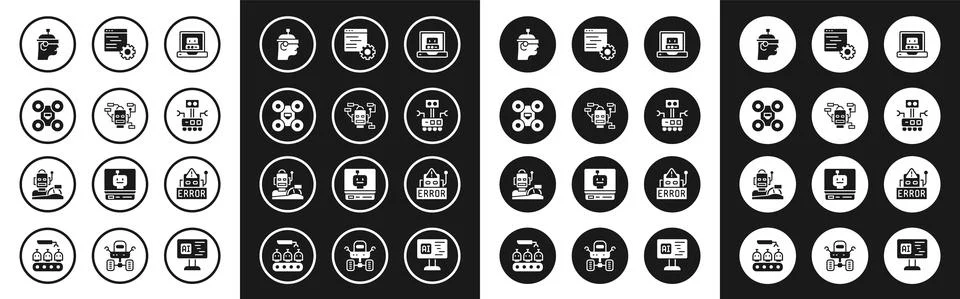 Set Creating robot, Robot, Drone, Smart glasses, Computer api interface, Error Illustrazione stock