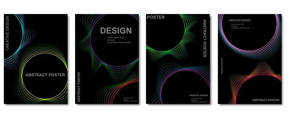 A set of creative abstract posters featuring colorful wave lines forming circ Stock Illustration
