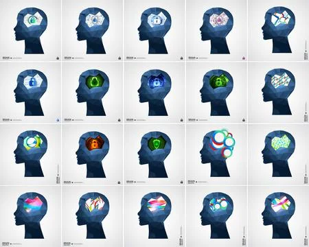 Set of Creative brain concept backgrounds with triangular grid. Artificial In Stock Illustration