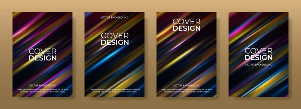 Set of creative covers with glowing multicolored lines. Stock Illustration