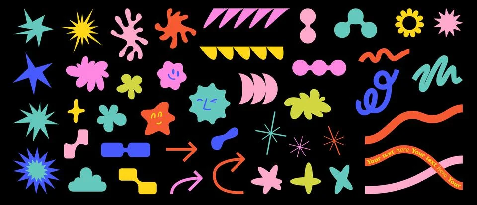 Set of creative design elements, bright colorful abstract retro shapes. 库存插图