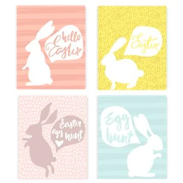 Set of creative Easter and spring art cards. Rabbits silhouette with hand d.. Stock Illustration
