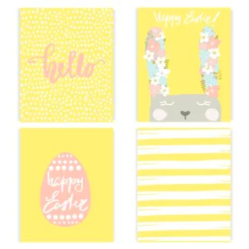 Set of creative Easter cards with hand drawn textures. Rabbit, Easter egg a.. Stock Illustration