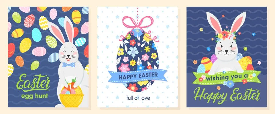 Set of creative Easter cards.Hand drawn lettering with eggs, cute bunny and f Stock Illustration