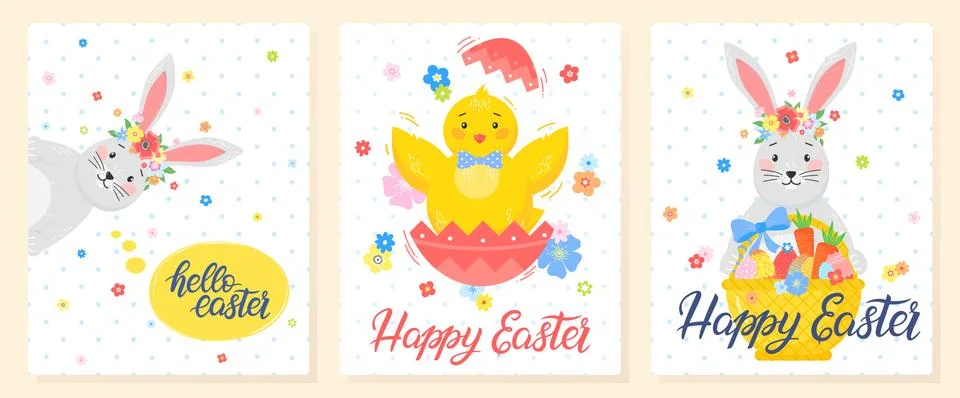 Set of creative Easter cards.Hand drawn lettering with eggs, little chick,cut Stock Illustration
