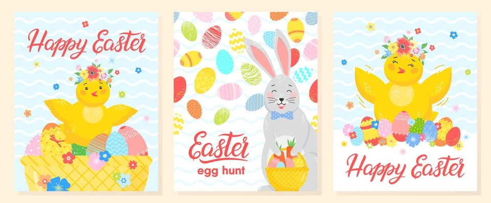 Set of creative Easter cards.Hand drawn lettering with eggs, little chick,cut Stock Illustration