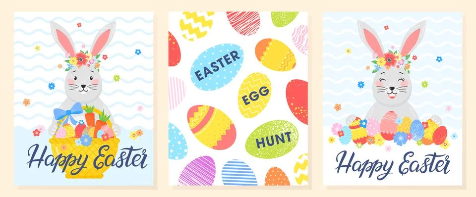 Set of creative Easter cards.Hand drawn lettering with eggs, cute bunny and f Stock Illustration