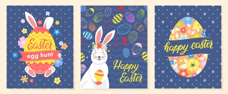 Set of creative Easter cards.Hand drawn lettering with eggs, cute bunny and f Stock Illustration