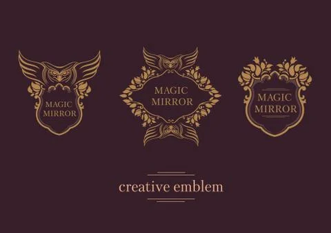 Set creative emblem of the magic mirror with an owl 스톡 일러스트