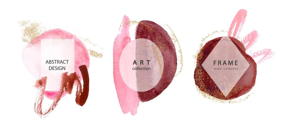 Set of creative frames with watercolor strokes and gold sparkles.Modern design Stock Illustration