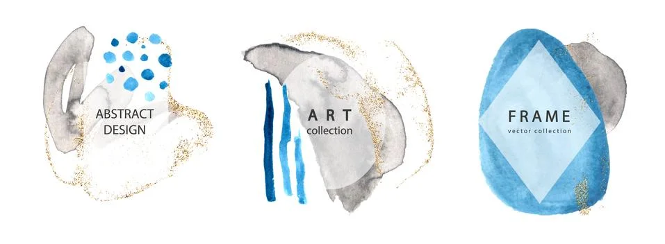 Set of creative frames with watercolor strokes and gold sparkles.Modern design Stock Illustration