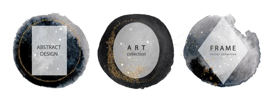 Set of creative frames with watercolor strokes and gold sparkles.Modern design Stock-Illustration