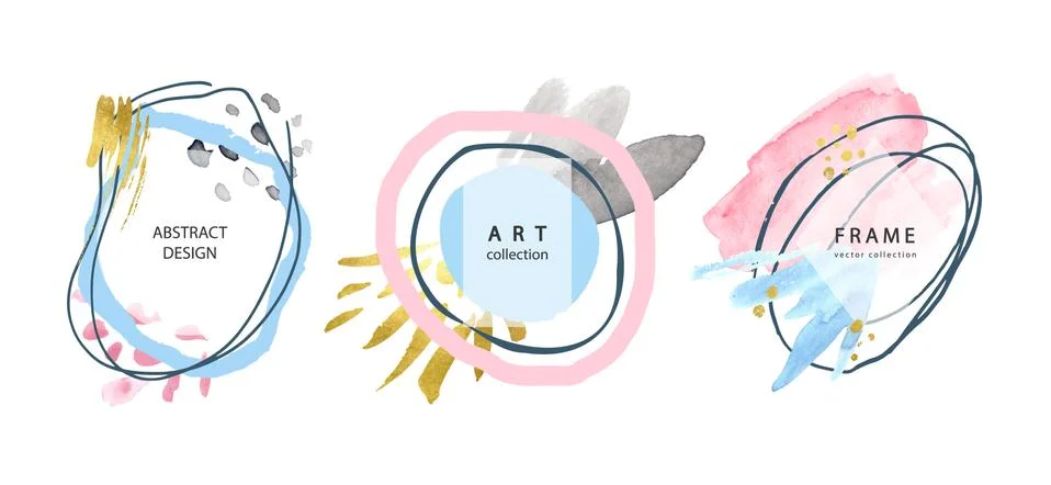 Set of creative frames with watercolor strokes and gold sparkles.Modern design Illustrazione stock
