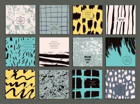Set of creative freehand cards. Hand Drawn textures made with ink. Vector. Is Stock Illustration