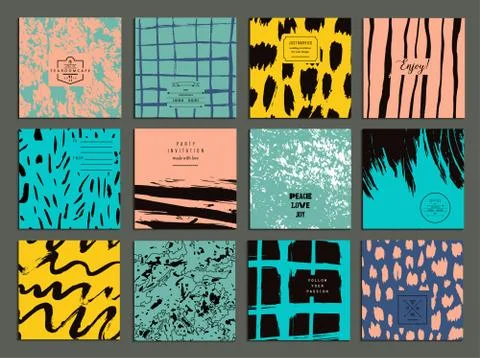 Set of creative freehand cards. Hand Drawn textures made with ink. Vector. Is Stock Illustration