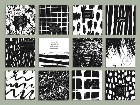 Set of creative freehand cards. Hand Drawn textures made with ink. Vector. Is Stock Illustration