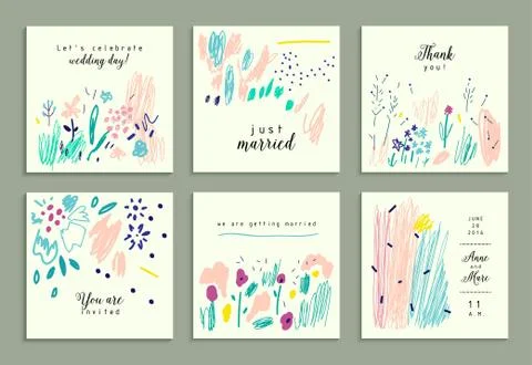 Set of creative gentle cards. Hand Drawn textures. Wedding, anniversary, birt Stock Illustration