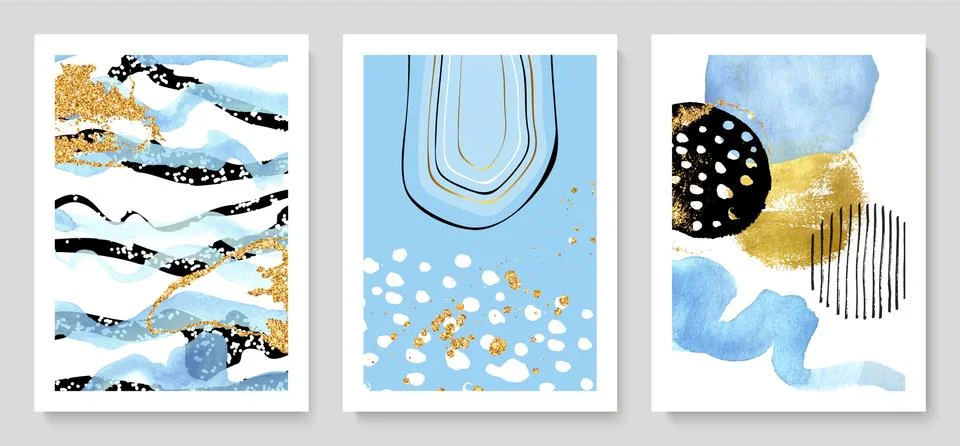 Set of creative hand painted illustrations with watercolor details for wall Stock Illustration