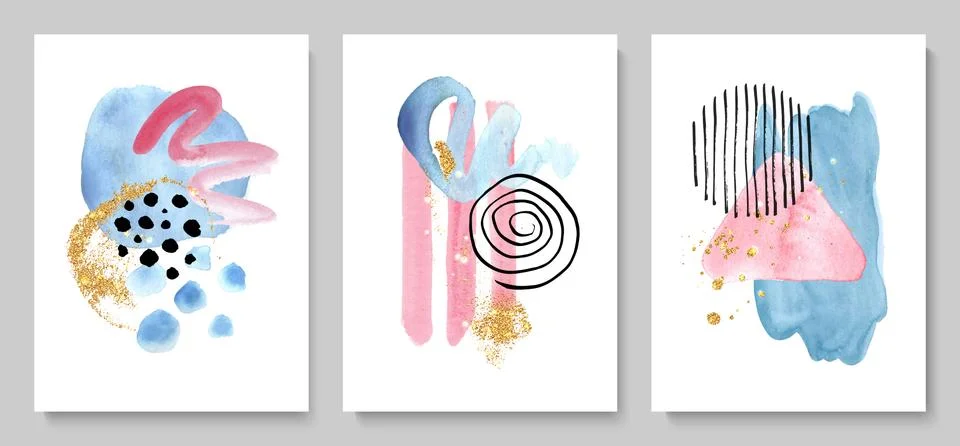 Set of creative hand painted illustrations with watercolor details for wall Stock Illustration