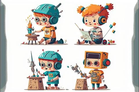 Set of creative kids building robots, children making robotic technology, M.. Stock Illustration