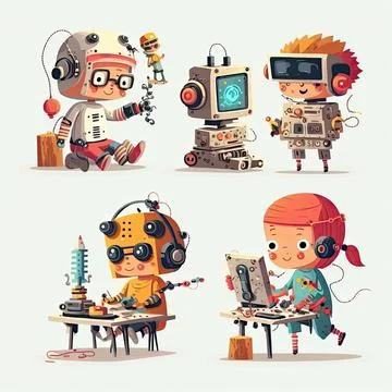 Set of creative kids building robots, children making robotic technology, M.. Stock Illustration