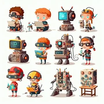 Set of creative kids building robots, children making robotic technology, M.. Stock Illustration