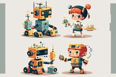 Set of creative kids building robots, children making robotic technology Stock Illustration