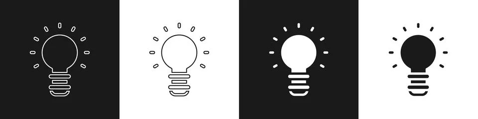 Set Creative lamp light idea icon isolated on black and white background. Con Stock Illustration