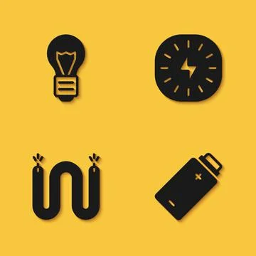 Set Creative lamp light idea, Battery charge, Electric cable and Lightning bolt 스톡 일러스트