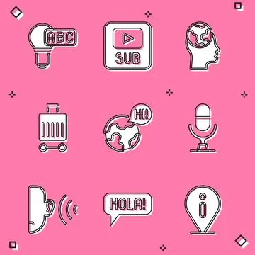 Set Creative lamp light idea, Video with subtitles, Learning foreign languages Illustrazione stock