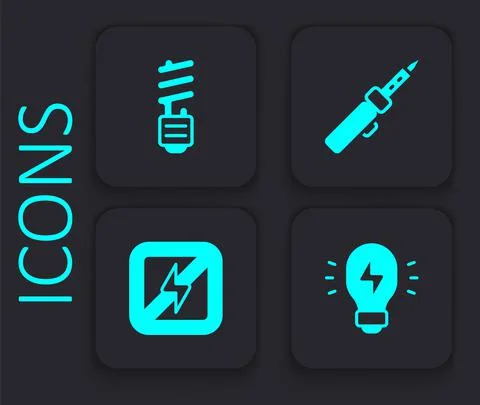Set Creative lamp light idea, LED bulb, Soldering iron and No lightning icon Stock Illustration