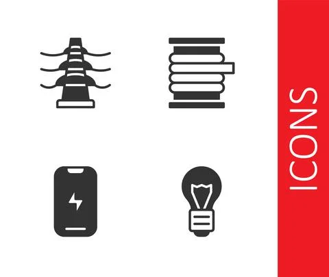 Set Creative lamp light idea, Electric tower line, Mobile phone and Wire Stock Illustration