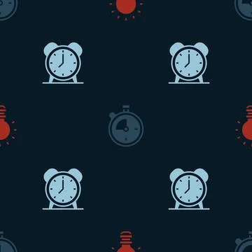 Set Creative lamp light idea, Stopwatch and Alarm clock on seamless pattern Stock Illustration