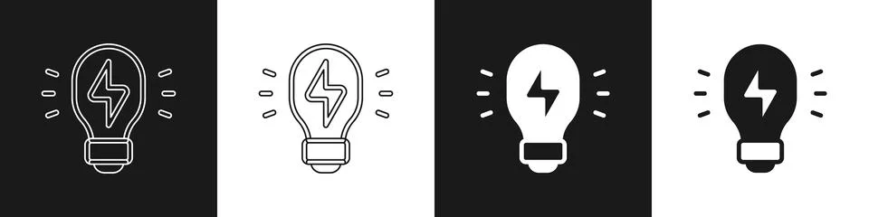 Set Creative lamp light idea icon isolated on black and white background Stock Illustration