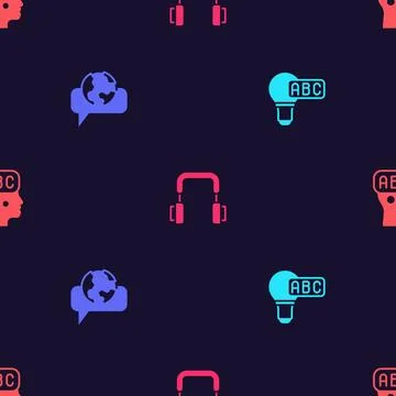 Set Creative lamp light idea, Learning foreign languages, Headphones and on Stock Illustration