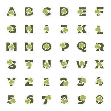 Set of creative letters and numbers with clover symbol isolated on white back Stock Illustration